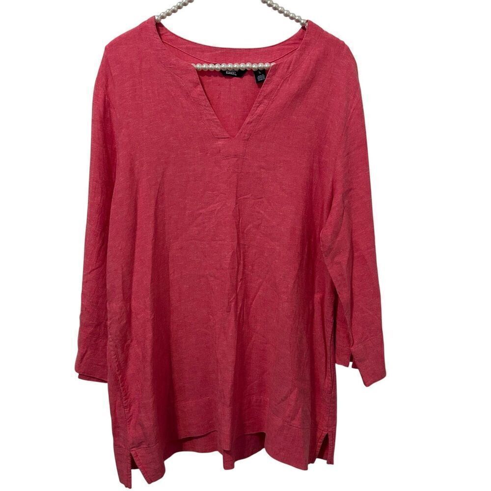 Lands End Tunic Shirt Womens Large Pink Linen Viscose beach coastal travel boho